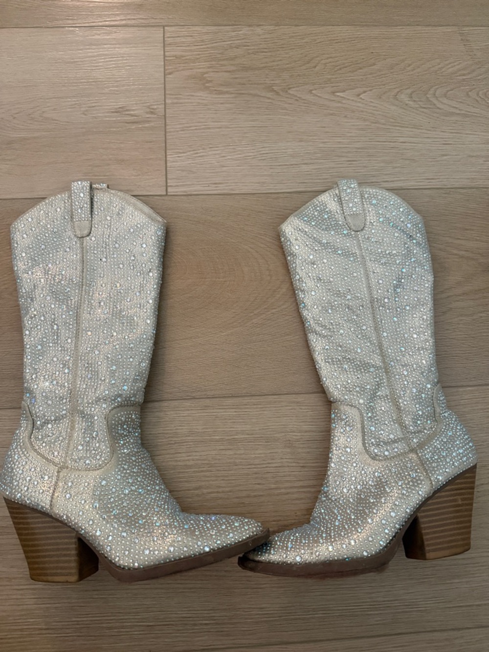Iridescent White Rhinestone Western Heeled Boots